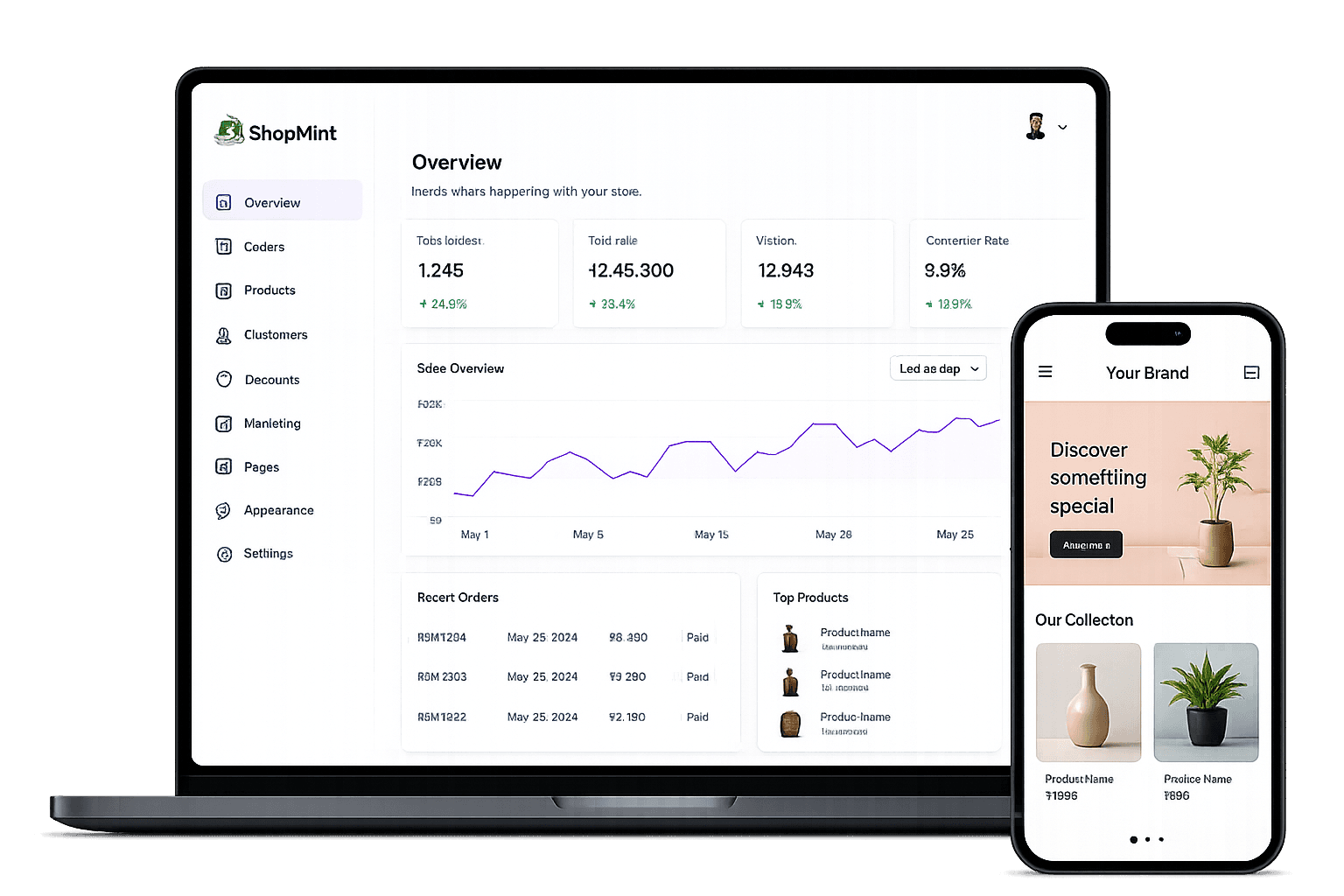 Instorix admin dashboard and mobile storefront preview